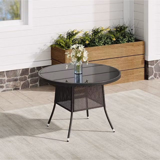 Livingandhome Black Rustic Wicker Garden Table with Tempered Glass Top and Parasol Hole