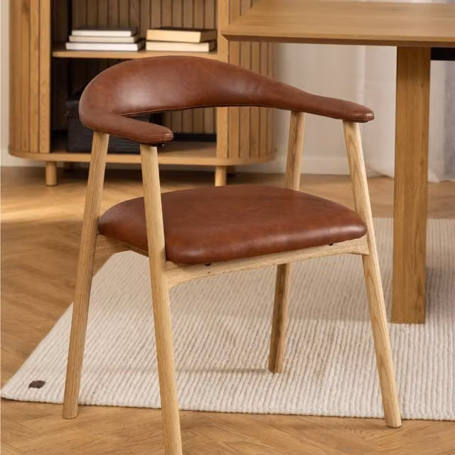 Pair of Addi Retro Dining Chairs in Brown Synthetic Leather with Oiled Oak Wood Legs