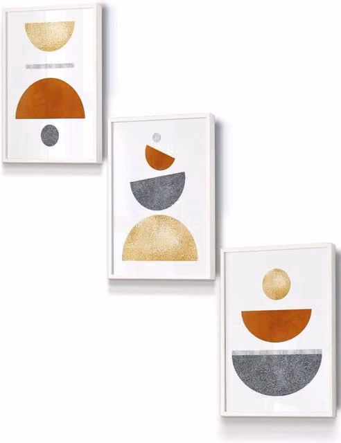 ARTZE Mid Century Abstract Geometric Framed Wall Art in Orange, Gold, Grey and White, W: 33 cm, H: 45 cm, D: 0.2 cm
