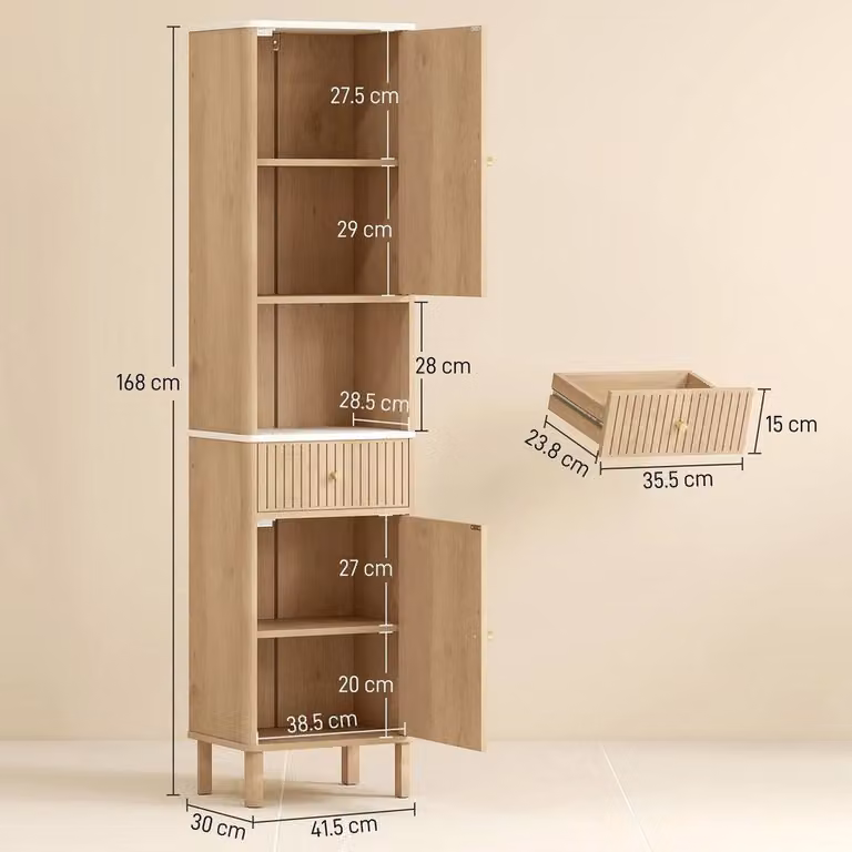KORVIXA Brown Wood Bathroom Cabinet with Adjustable Internal Shelves, W: 60 cm, D: 30 cm, H: 168 cm