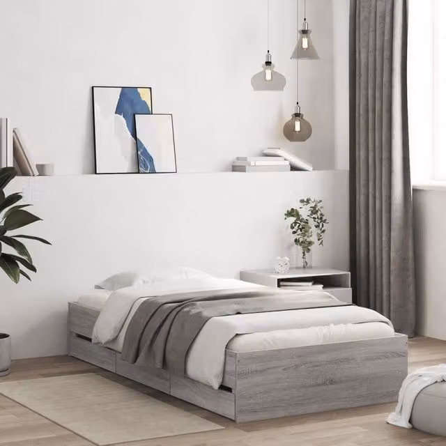 Berkfield Home Bed Frame with Drawers in Grey Sonoma, W/D/H: 90 x 200 cm