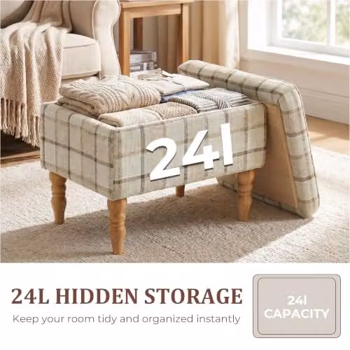 HOMCOM Rectangular Upholstered Storage Footstool with Removable Top in Brown and Beige – 3
