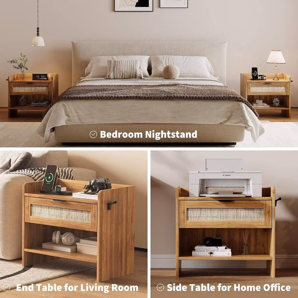 London Boutique Boho Rattan Bedside Cabinet with Charging Station and Hook in Walnut Brown – 7