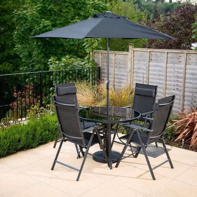 Hectare 4 Seater Polytex Reclining Dining Set with Tempered Glass Table and Parasol in Grey and Black
