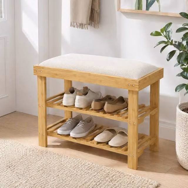 STILVORA Modern Shoe Bench with Fabric Cushion and 2 Shelves in Beige, W/D/H: 120 x 49 x 60 cm