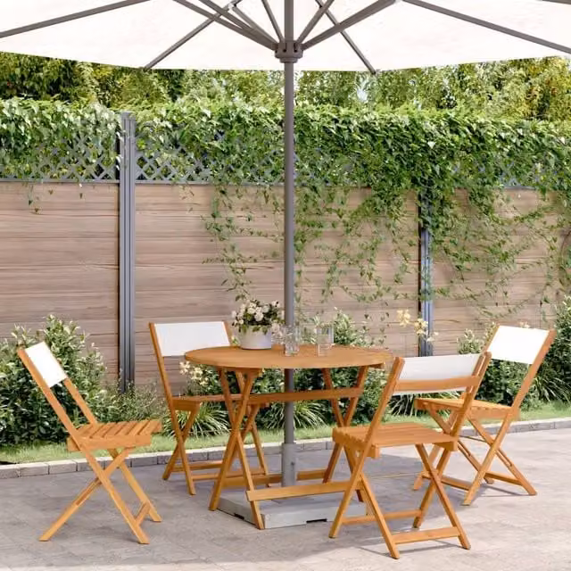 Berkfield Home 5 Piece Garden Dining Set in White Fabric and Acacia Wood – 1