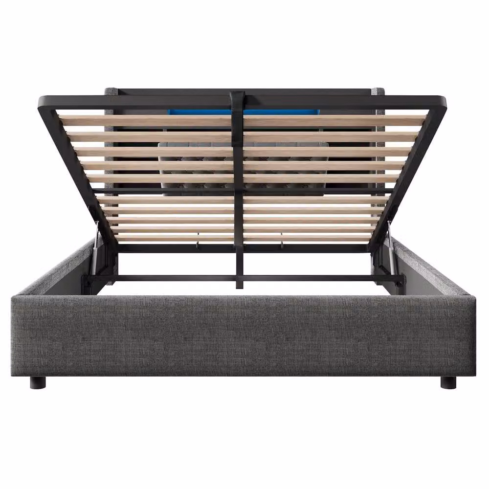 FENCHILIN Upholstered LED Bed Frame with Hydraulic Storage and Charging Station, Grey, W/D/H: 200 x 188 x 115 cm – 4