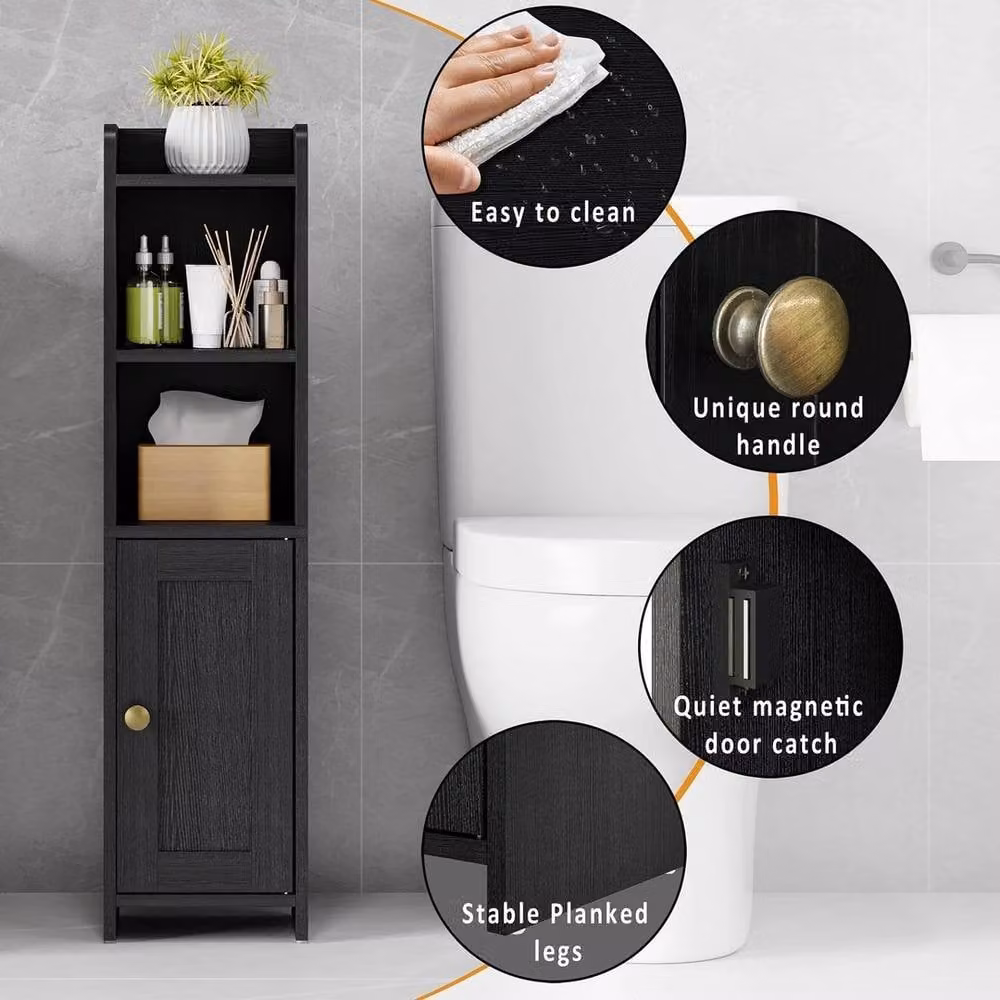 FORGEVIO Small Freestanding Bathroom Floor Cabinet in Black with Hinged Doors and Internal Shelves – 4