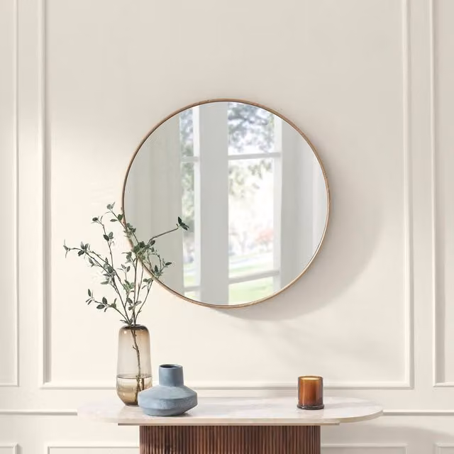 FurnitureboxUK Inga Scandinavian Round Wood Wall Mirror, Brown and Gold, Diameter: 80 cm