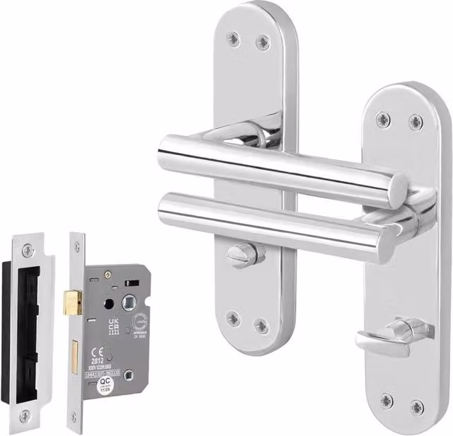 AFIT Polished Chrome T-Bar Bathroom Handle and WC Privacy Lock Backplate Set, Silver, W/D/H: 15.0 x 15.0 x 15.0 cm