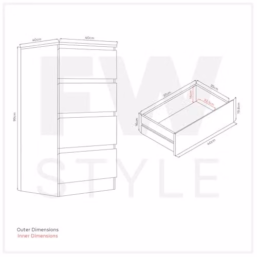 FWStyle Black Gloss 4 Drawer Chest of Drawers H 99 cm x W 40 cm x D 40 cm – 3