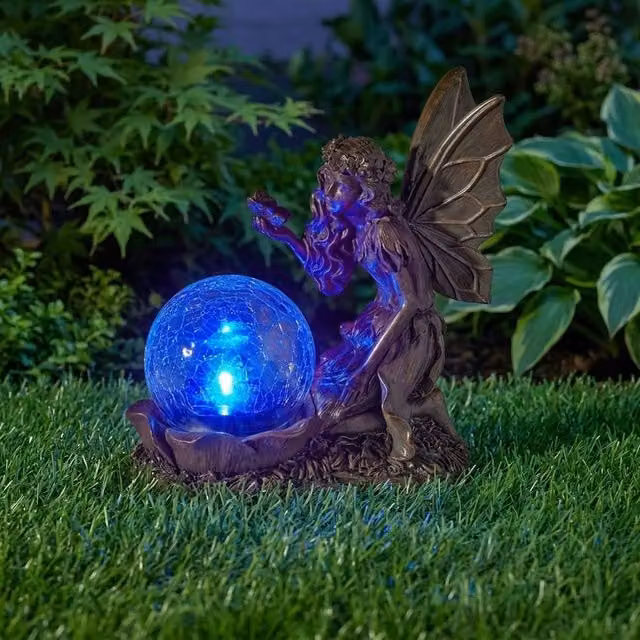 Garden Greatness Gazing Fairy Solar Garden Ornament, Multicolour Polyresin, H: 19.0 cm, W: 17.0 cm, D: 9.0 cm