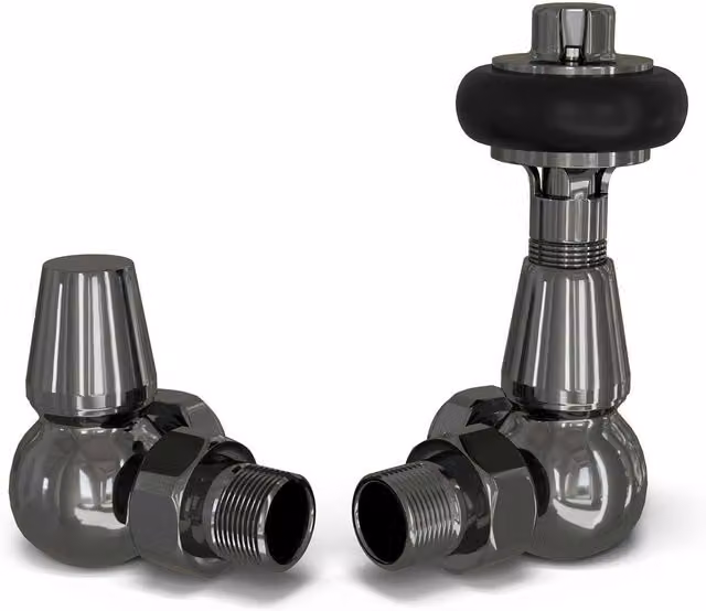 UK Radiators Signature Wooden Head Black Nickel Thermostatic Radiator Valve and Lockshield Angled Set