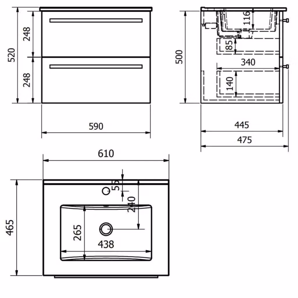 Clifton Silver Oak Light Grey 2 Drawer Hung Bathroom Unit with Ceramic Basin W: 60 cm, D: 45 cm, H: 50 cm – 2