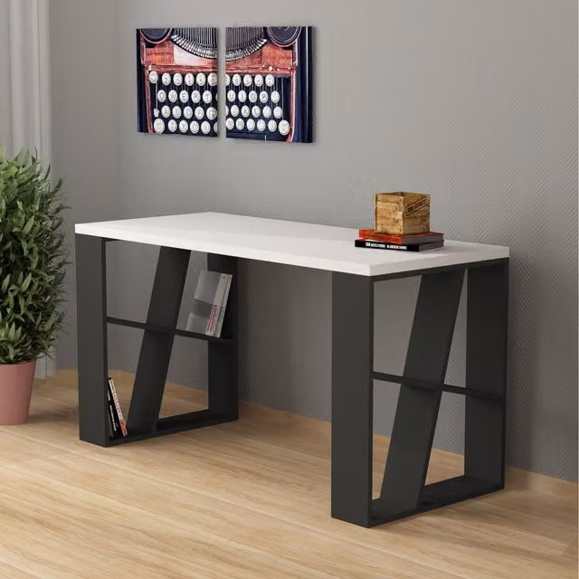 Decortie Modern Writing Desk with Bookshelf Legs in Anthracite Grey