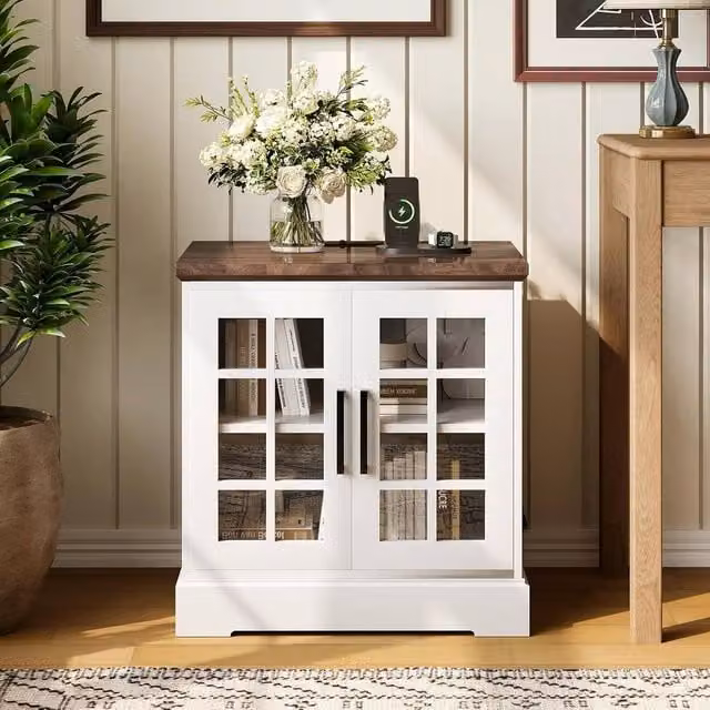 London Boutique White Wood Kitchen Sideboard Storage Cabinet with Charging Station – 1