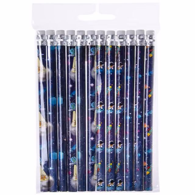 LG-Imports Pack of 12 Multicolour Space Design Graphite Pencils with Eraser and Wood Body