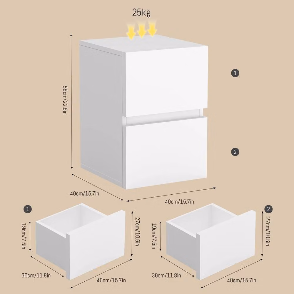 Nordara Modern White 2 Drawer Bedside Table and Storage Cabinet – 2
