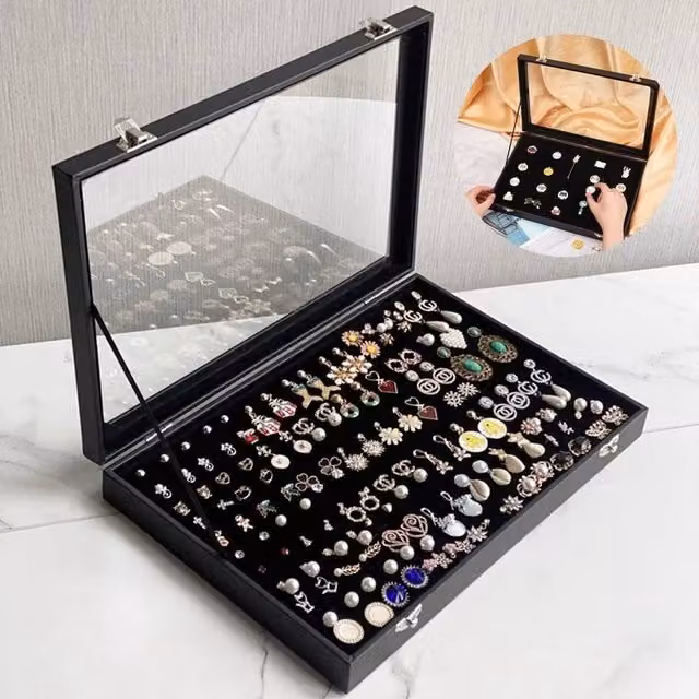 KORVIXA Black Pin Display Case with Fabric, Enamel and Glass, Width: 50 cm