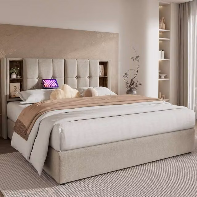 Rolipo King Size Upholstered Storage Bed with Wireless Charging and USB Port in Sand/Beige, W/D/H: 150 x 200 x 25 cm – 1