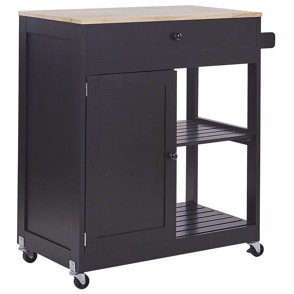 Wyld and Coco Black Lacquered MDF Kitchen Trolley with Rubberwood Accents W/D/H: 75 x 43 x 87 cm – 2