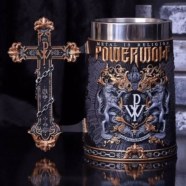 Nemesis Now Powerwolf Metal is Religion Resin and Stainless Steel Mug in Gold, Black and Multicolour, Height: 15.5 cm