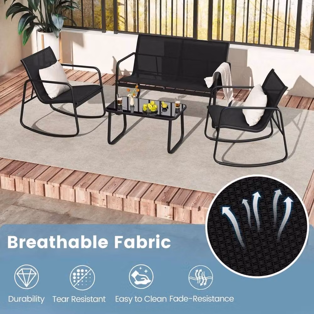 Kelvenix 4 Piece Outdoor Rocker Chair Conversation Set in Black with Metal Frame and Textilene Fabric – 5
