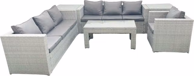 Fimous Wicker PE Rattan Garden Furniture Set in Light Grey with Oblong Coffee Table, Armchair and 2 Side Tables – 1