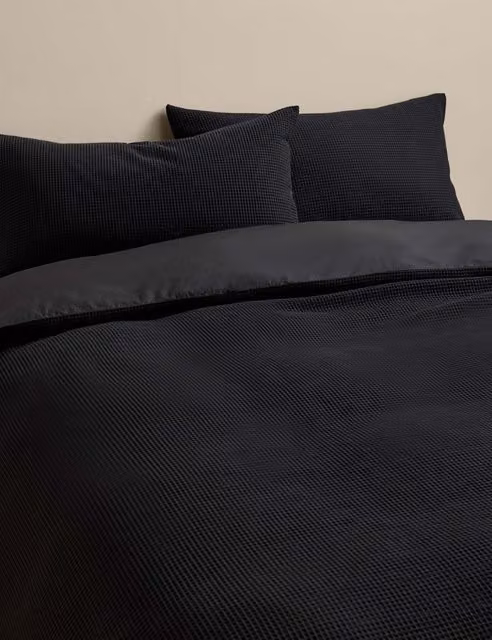M&S Single Pure Cotton Waffle Bedding Set with Duvet Cover and Pillowcase in Black