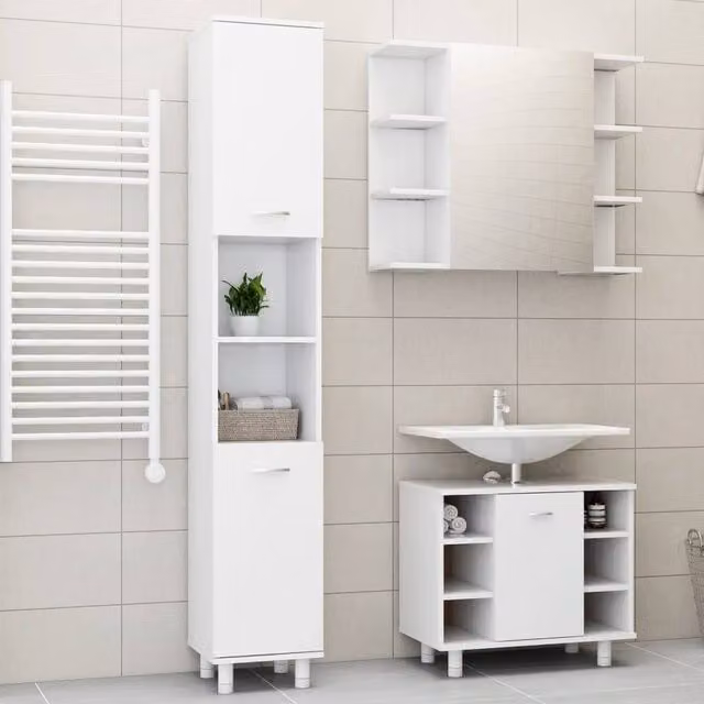 Berkfield Home 3 Piece Modern White MDF Bathroom Furniture Set Including Tall Cabinet, Vanity Unit and Mirror Cabinet