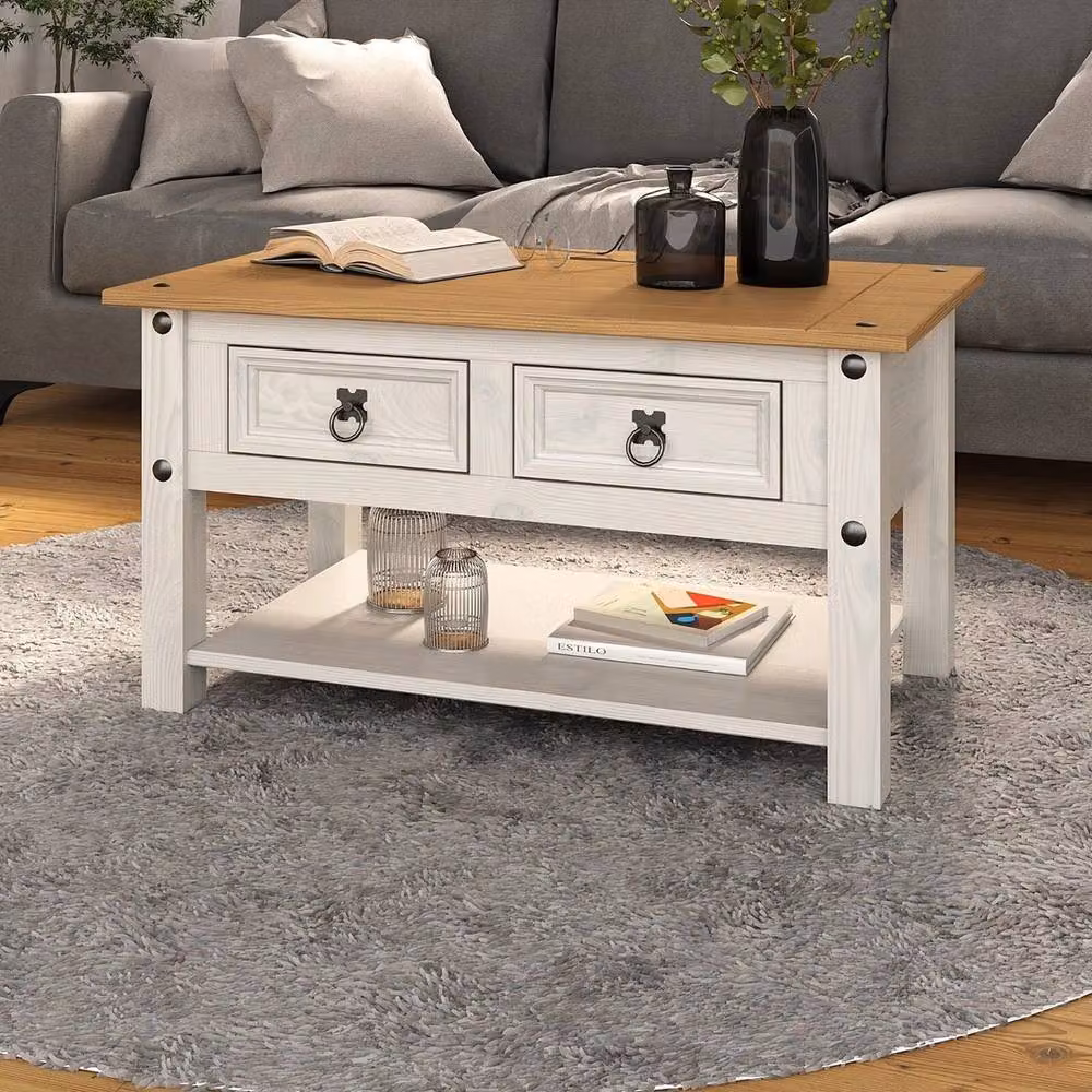 Hinsinc White Mexican Pine 2 Drawer Coffee Table – 2