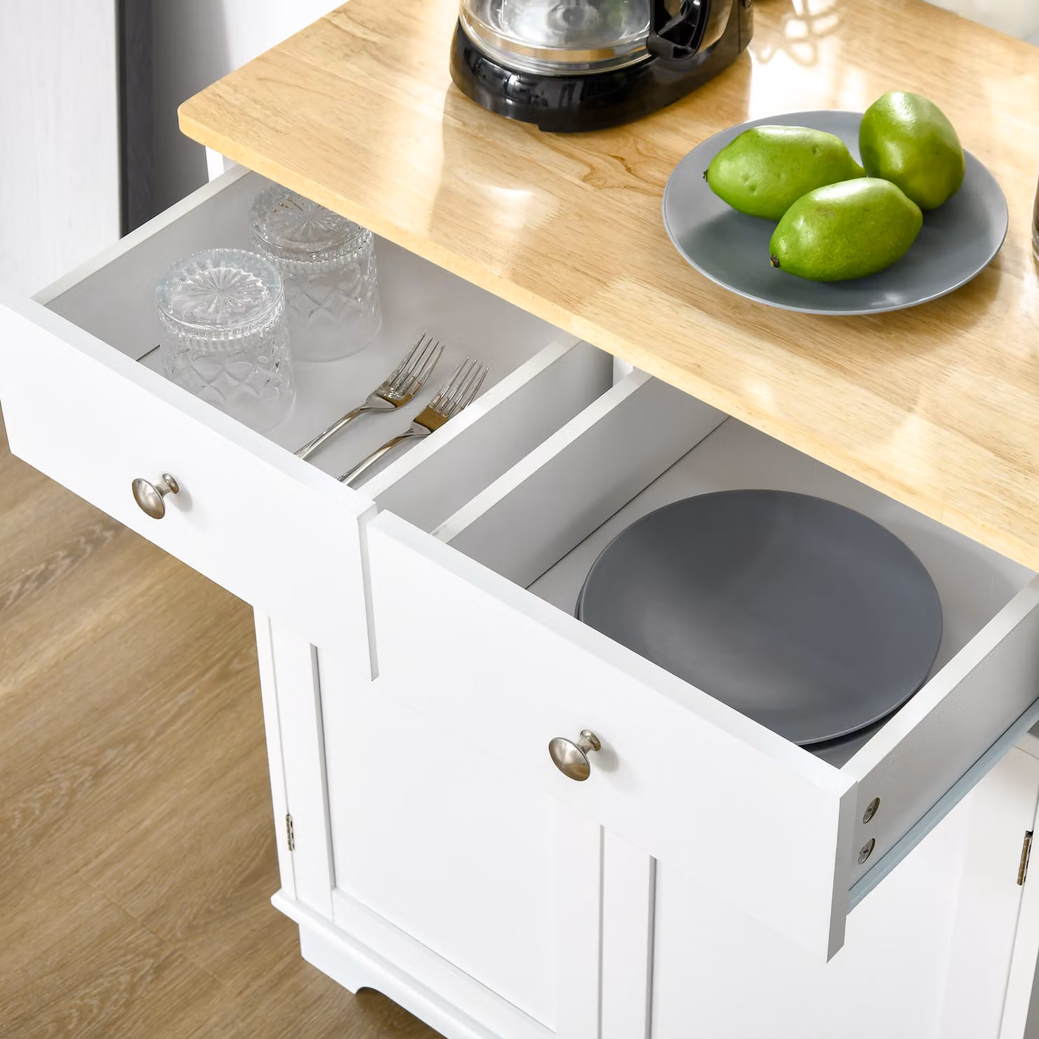 HOMCOM White Kitchen Floor Cabinet and Sideboard with Solid Rubberwood Top and Adjustable Shelf – 3