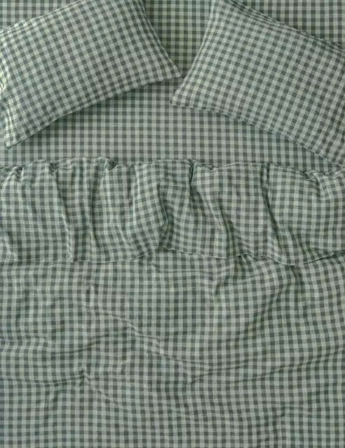 Piglet In Bed Pembroke Linen Rich Gingham Checked Duvet Cover in Dark Green Mix