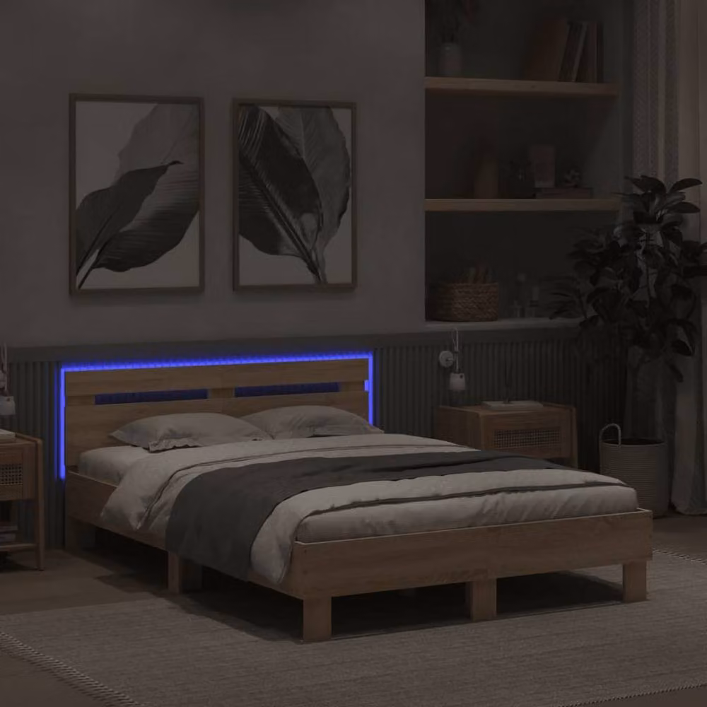 Berkfield Home Sonoma Oak Small Double Bed Frame with LED Lighting and USB Charging Port, Brown, W/D/H: 120 x 190 cm – 3