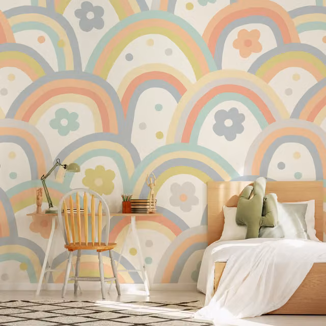 Origin Murals Rainbow Wobble Retro Wall Mural in Grey and Multicolour