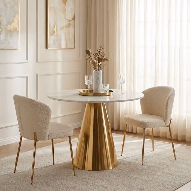 Orsina Azalea Round White Marble Top Dining Table in Gold