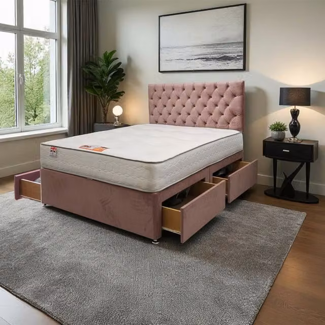 Knight Sleep Athens Plush Bed Set with Mattress and 24 inch Headboard in Pink, W/D/H: 180 x 200 cm