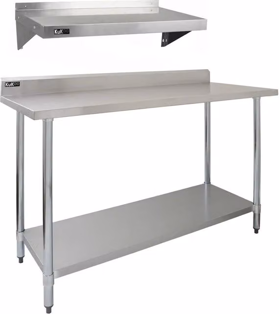 Monstershop Stainless Steel Catering Bench and 2 x Wall Mounted Shelves, Silver, W: 152.4 cm, H: 90.0 cm, D: 3.0 cm