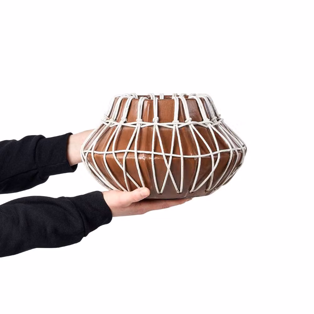 Wyld and Coco Stonewear Terracotta Vase with Rattan Braid in Natural Brown – 3