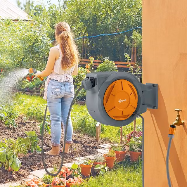 Outsunny 30m Retractable Wall Mounted Hose Reel with Lock, Orange