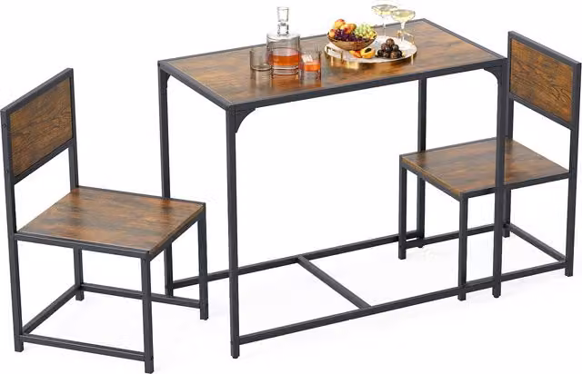 COSTWAY Industrial Rectangular Kitchen and Dining Table with 2 Chairs in Brown