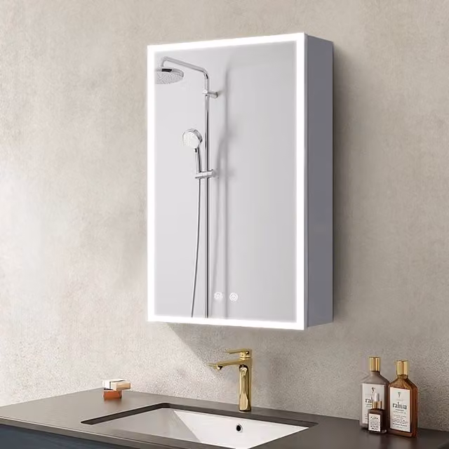 Livingandhome Modern Silver Wall Mounted LED Bathroom Vanity Mirror Cabinet with Shaver Socket and Anti-Fog Function