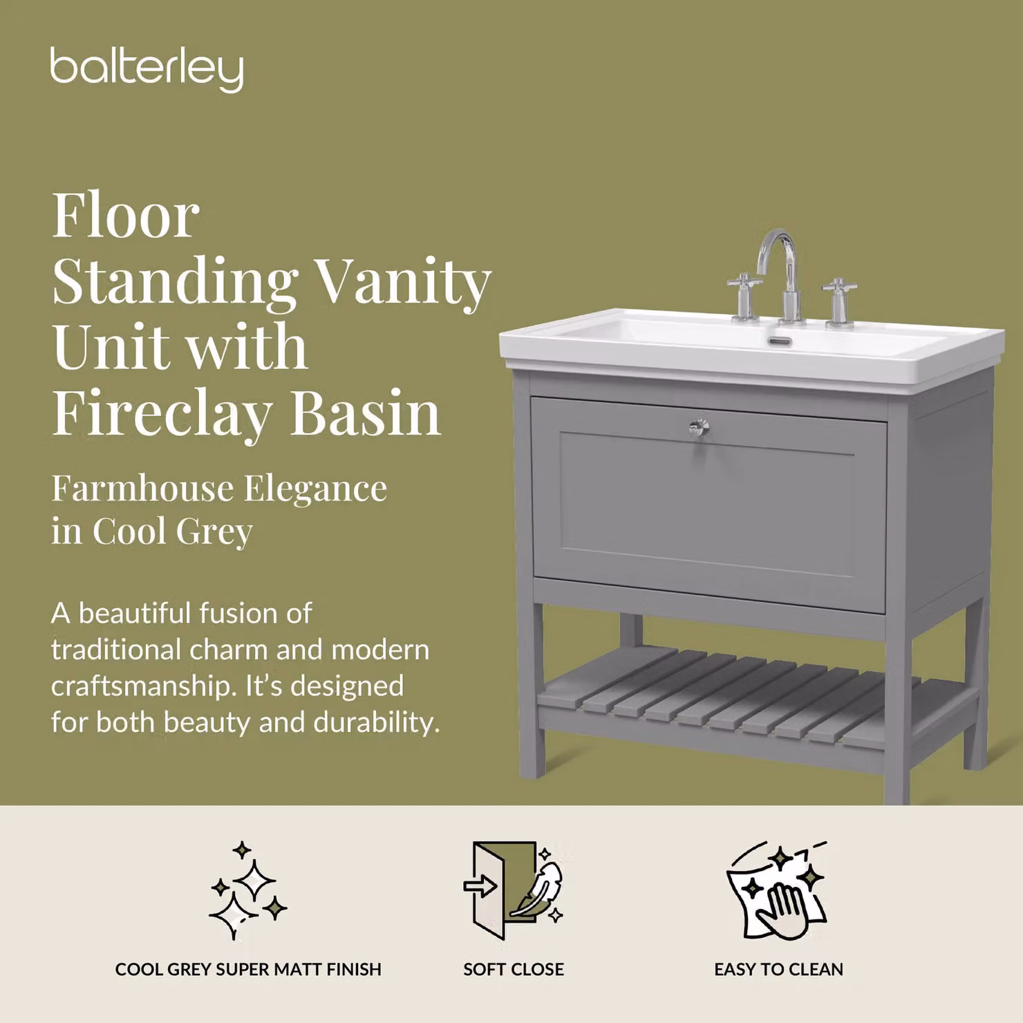 Balterley Bathroom Floor Vanity Unit with 1 Drawer and 3 Tap Hole Basin, Cool Grey, W: 83 cm – 2