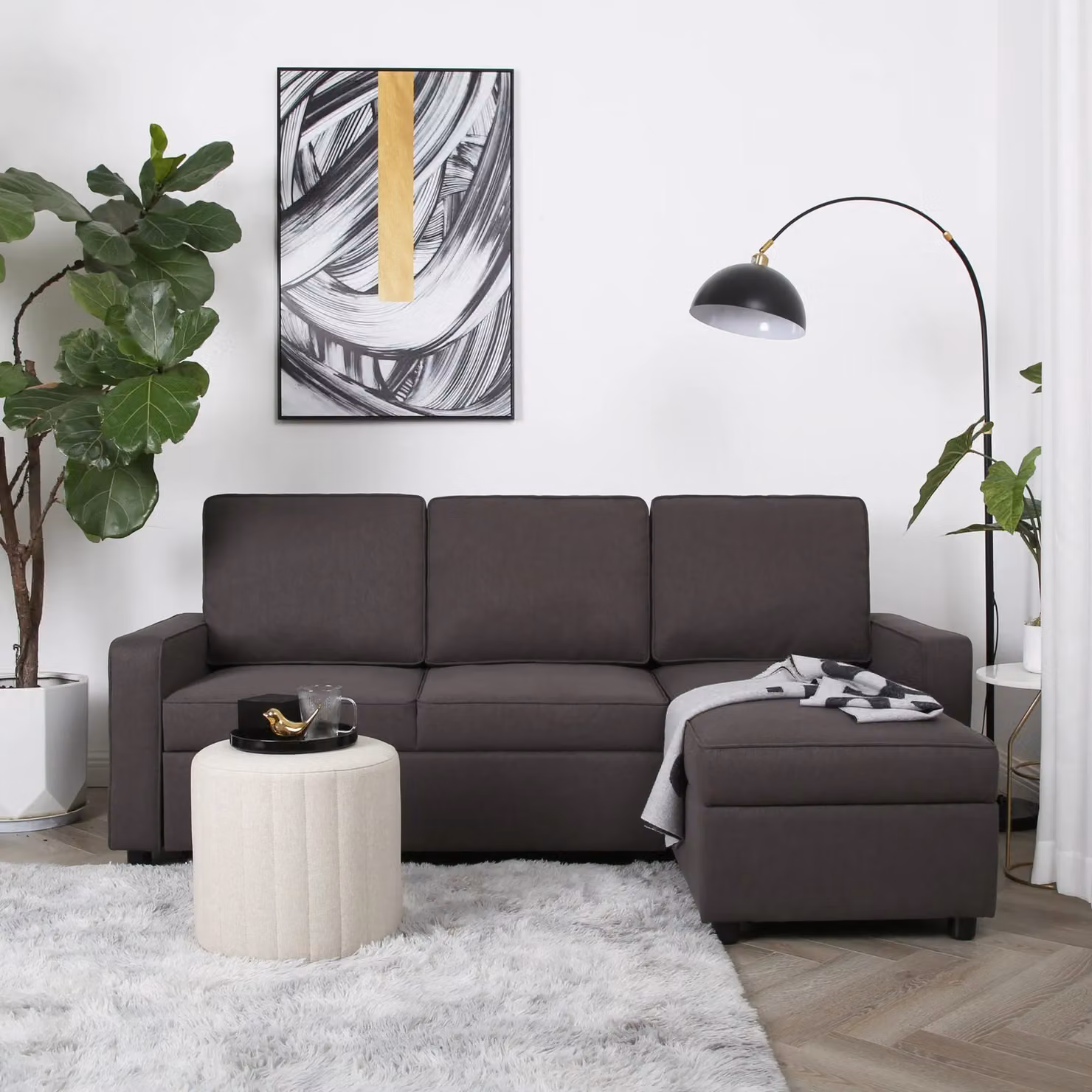 Home Garden Direct Selene L-Shape Corner Sofa Bed in Dark Grey Linen with Pull-out Frame, Width: 210 cm – 2
