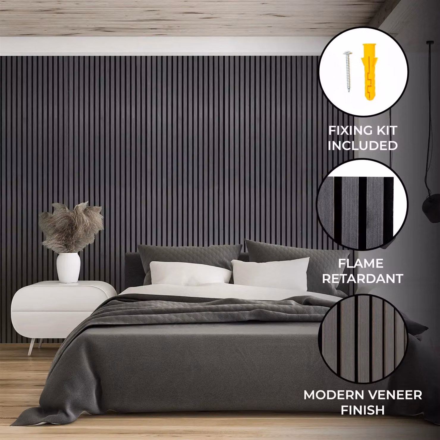 Monstershop Acoustic Slat Wall Panels, 2 Pack, Anthracite Grey MDF Wood Look, H x W x D: 240 x 60 x 1.2 cm – 2