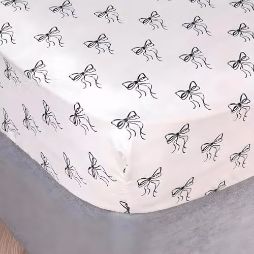 OHS Bow Print Microfibre King Size Fitted Bed Sheet, Monochrome White and Black, W: 150 cm, L: 200 cm, Depth: 25 cm