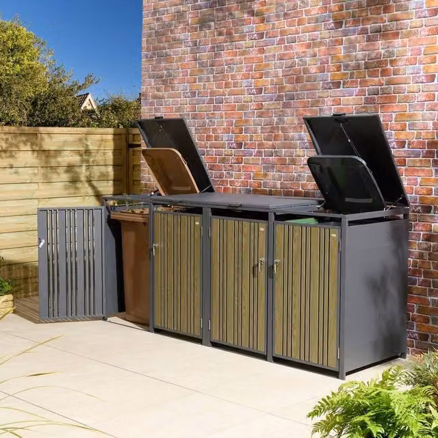 Rowlinson Wimbledon Quadruple Bin Store in Anthracite Grey, W: 265 cm, D: 81 cm, H: 116.5 cm