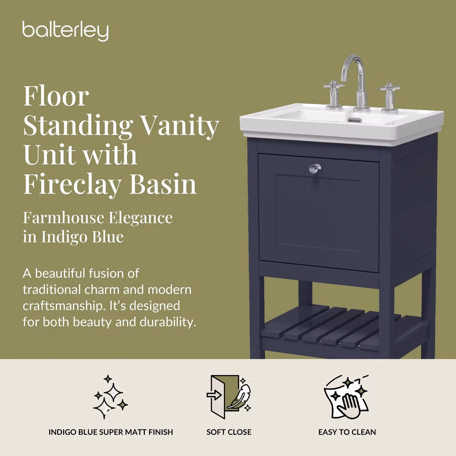 Balterley Blue 1 Drawer Bathroom Floor Vanity with 3 Tap Hole Fireclay Basin W: 53.1 cm – 2