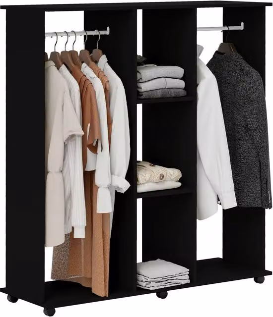 HOMCOM Mobile Double Open Wardrobe with Clothes Hanging Rail and Internal Shelves, Black