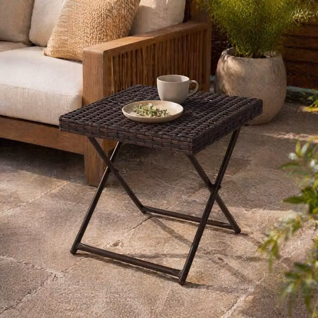 STILVORA Folding Side Table with Brown PE Rattan and Steel Frame